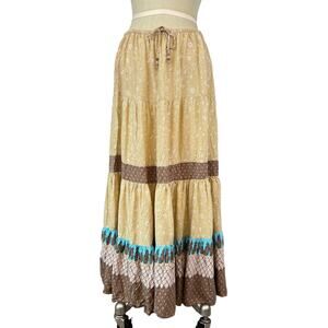 Vintage White Stag Floral Boho Indie Yellow Orange Patterned Maxi Skirt (Sz L)